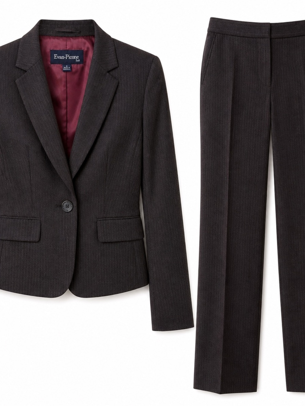 Evan Picone Charcoal Pinstripe Pantsuit with Burgundy Lining - Picture 1 of 3